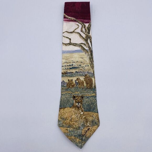 Vintage 1995 Endangered Species Men's Tie Lions & Zebras Simon Combs 100% Silk - Picture 1 of 6